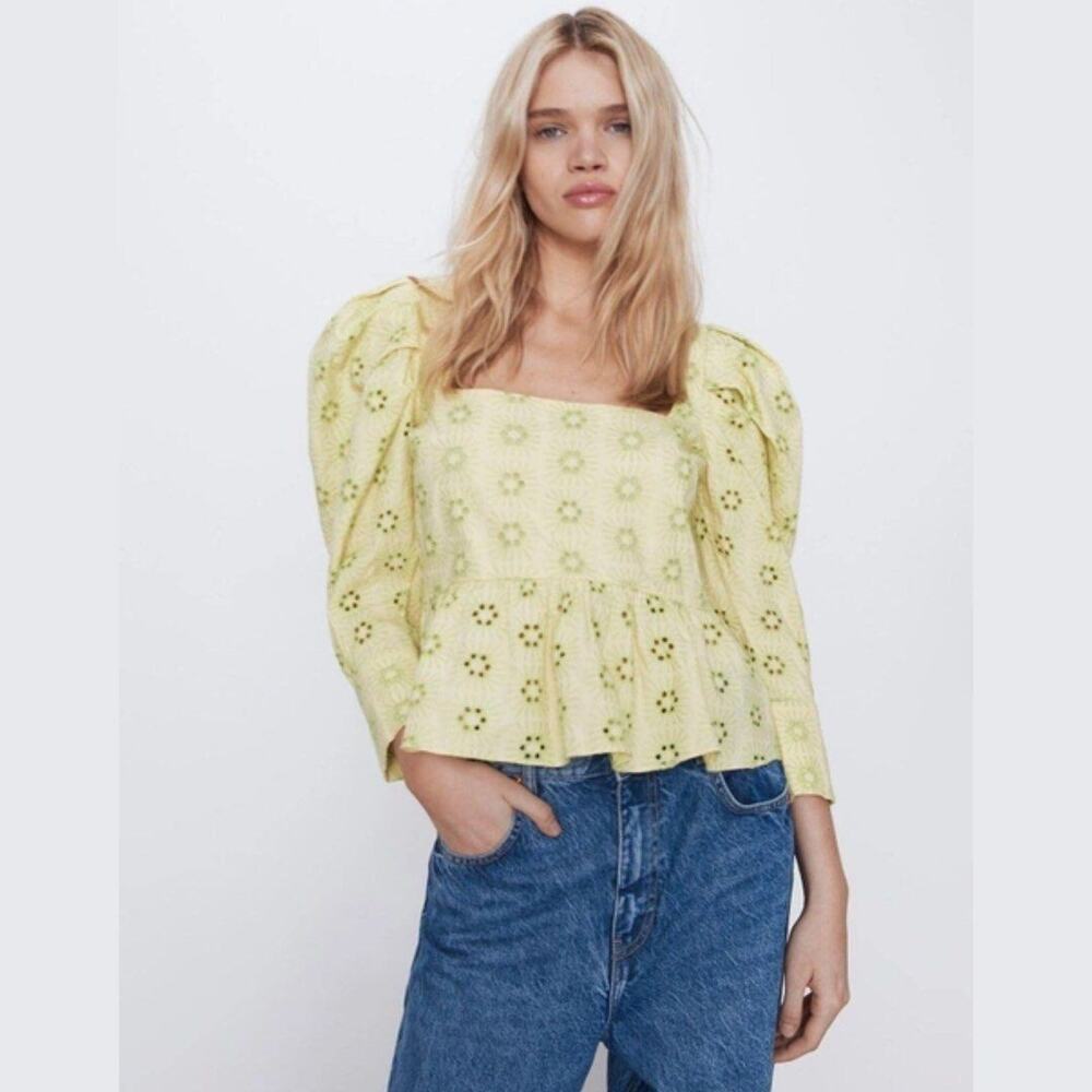 Zara Eyelet Embroidered Peplum Blouse Puff Sleeve Cottagecore Top M